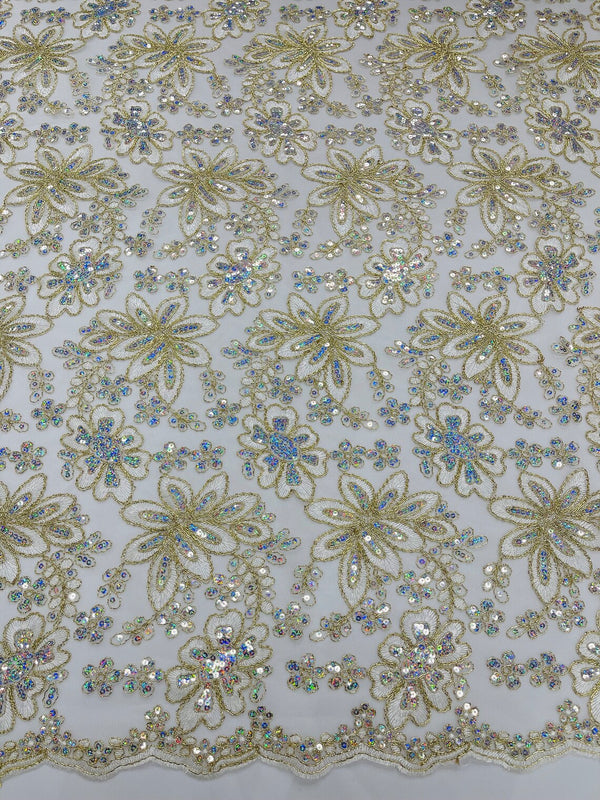 Corded Lace Floral Fabric - Royal Blue - Hologram Sequins Metallic Thr