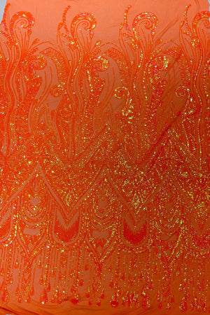 Zig Zag Design Sequins - Orange Iridescent - 4 Way Stretch Embroidered Zig Zag Sequins Lace Fabric By Yard - METATRON FABRICS - Orange Sequin Tablecloth