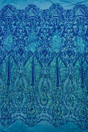 4 Way Stretch Fabric - Turquoise - Embroidered Pattern Design Sequins Fabric on Mesh By Yard - METATRON FABRICS