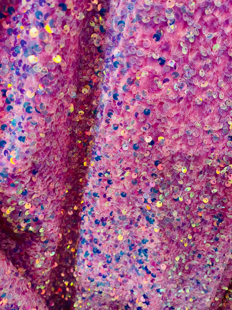 Velvet Stretch Sequins - Irisdescent Clear Sequins on Pink 2 Way Stret