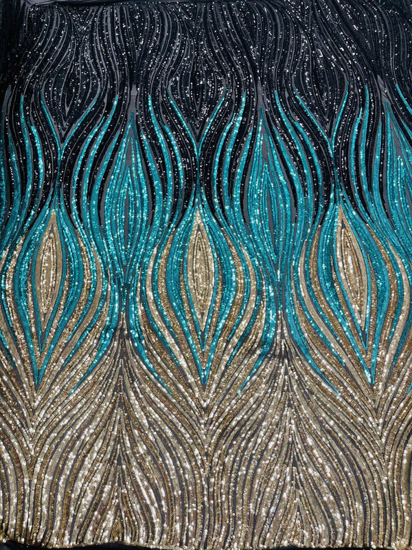 Multi-Color Fabric - Lt Gold/Silver/Black - Feather Shape Sequins