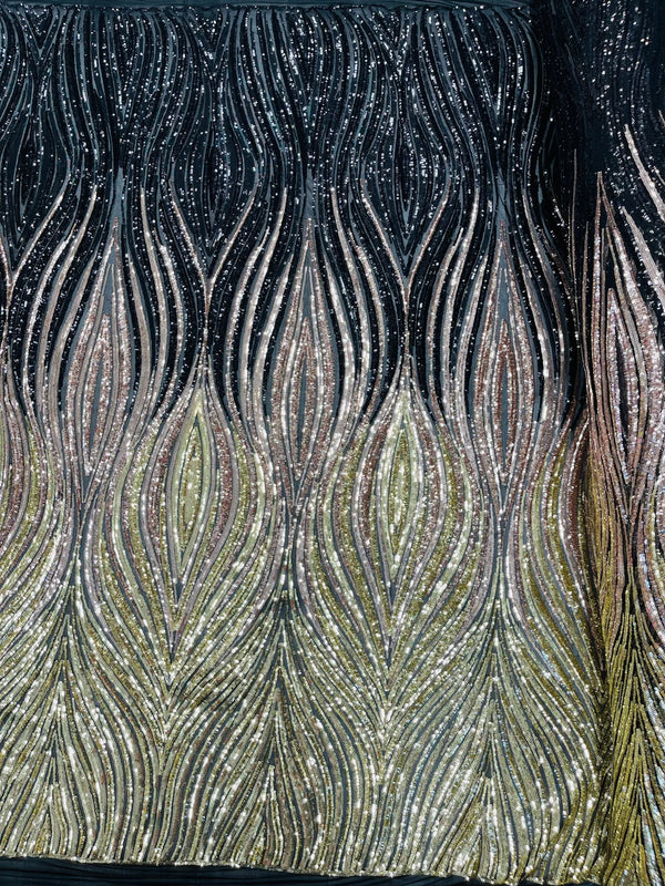 Multi-Color Fabric - Lt Gold/Silver/Black - Feather Shape Sequins