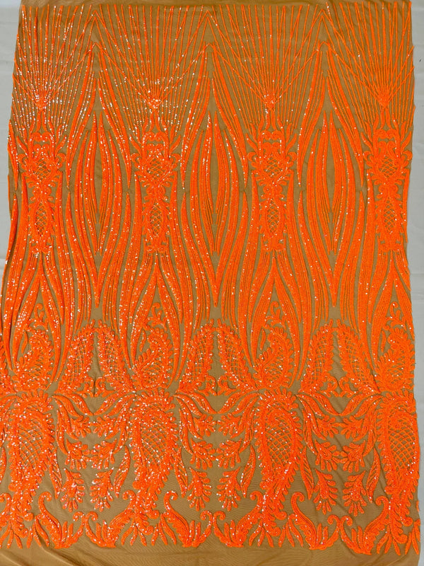 Paisley Sequin Fabric - Red - Line Pattern 4 Way Stretch Elegant Fabri