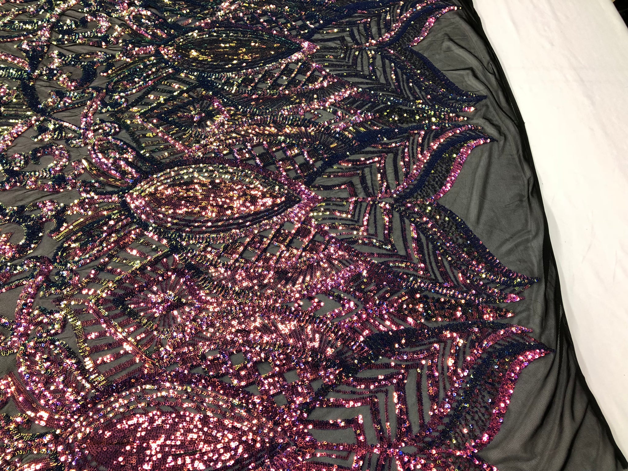 Fabric 4 Way Stretch - Iridescent Rainbow Sequins - Embroidered Black ...