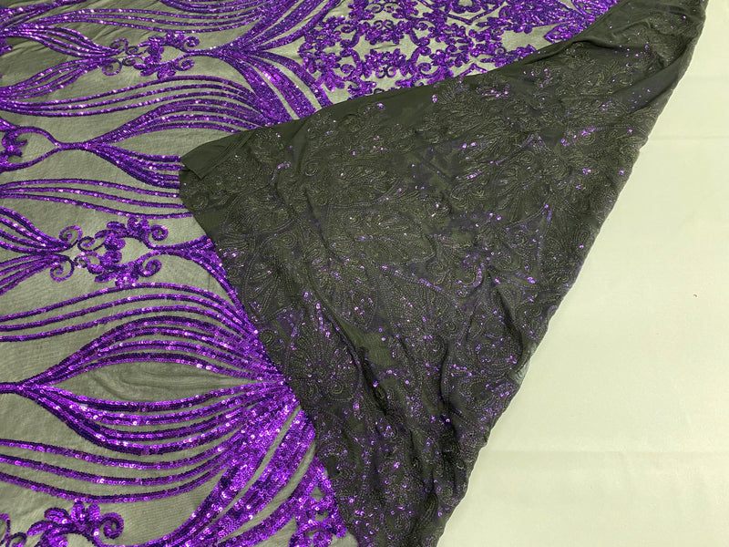 Damask Hearts Sequins - Purple on Black Mesh - 4 Way Stretch Design Fa