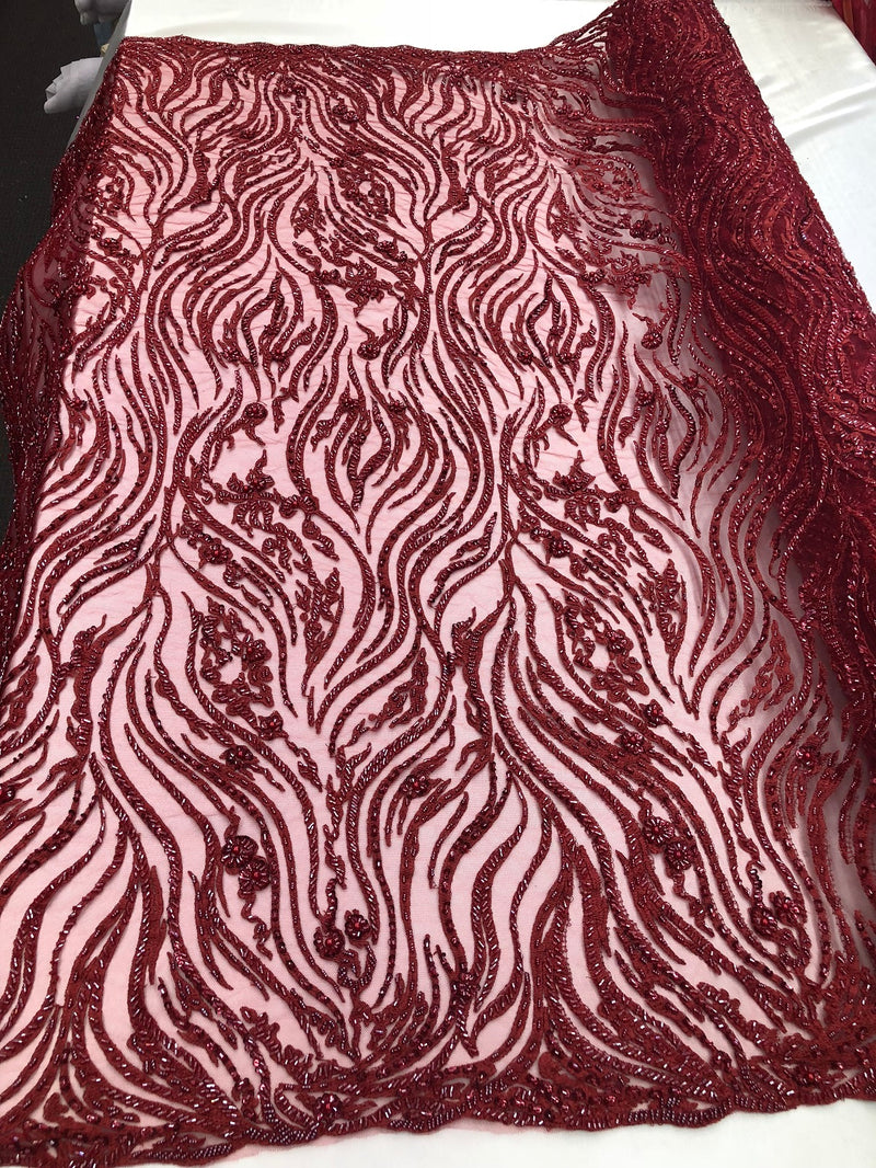 burgundy beaded lace fabric