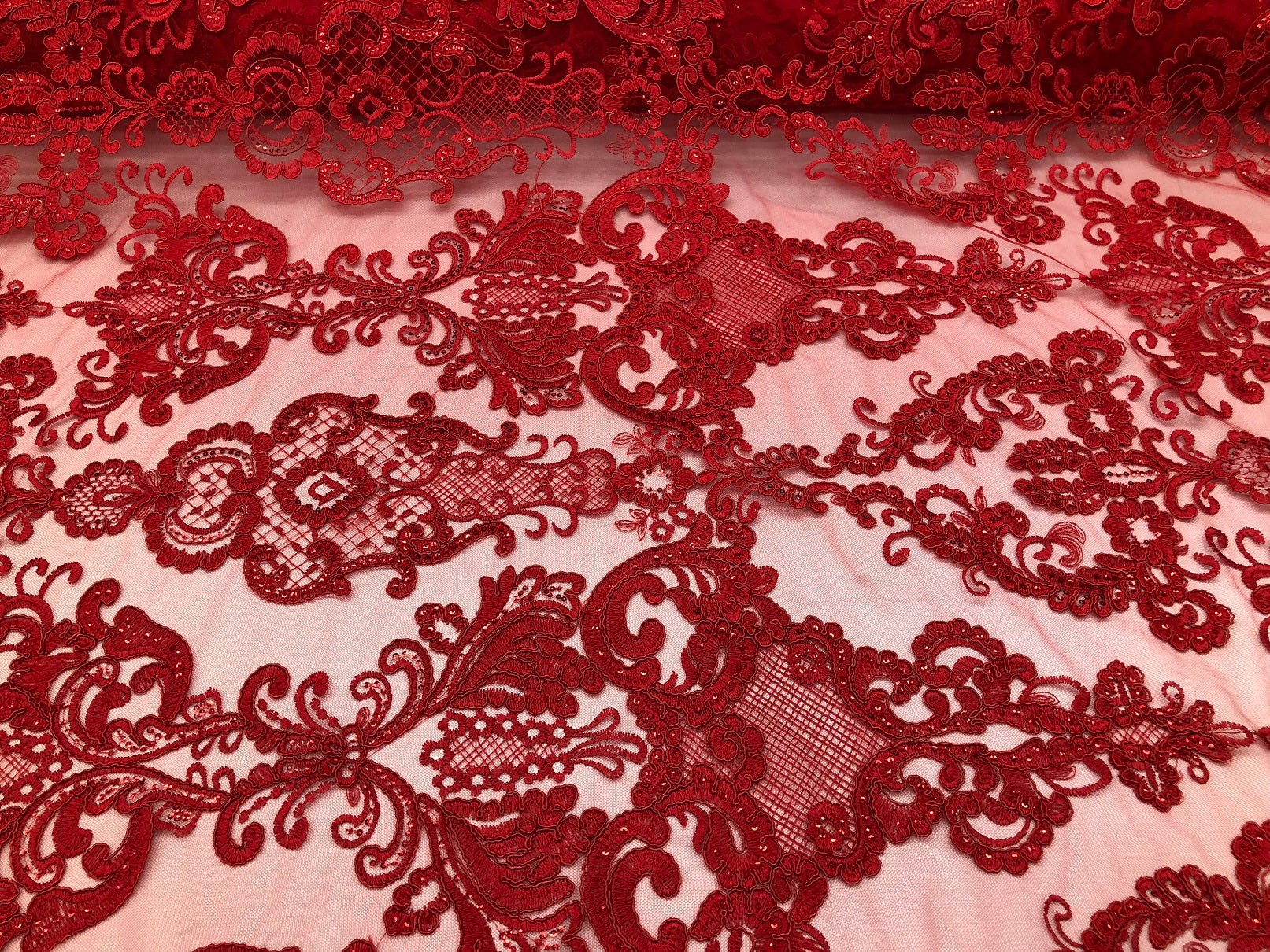 Floral - Red - Embroided Lace Fabric Damask Pattern - Beautiful Fabric ...