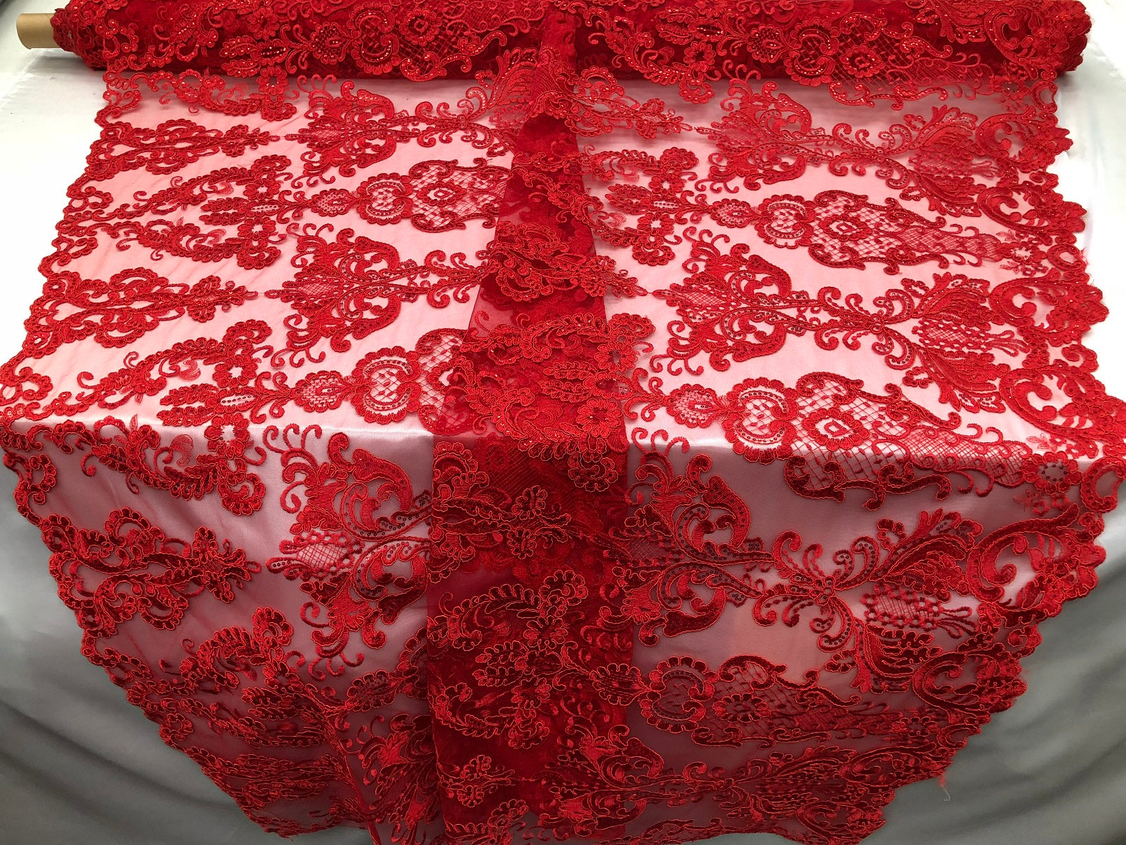 Floral - Red - Embroided Lace Fabric Damask Pattern - Beautiful Fabric ...