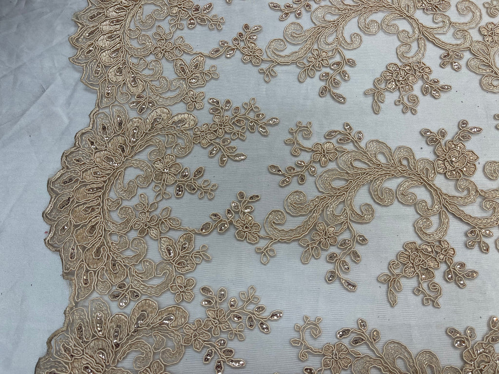 Lace Sequins Fabric - Beige - Corded Flower Embroidery Design Mesh Fab