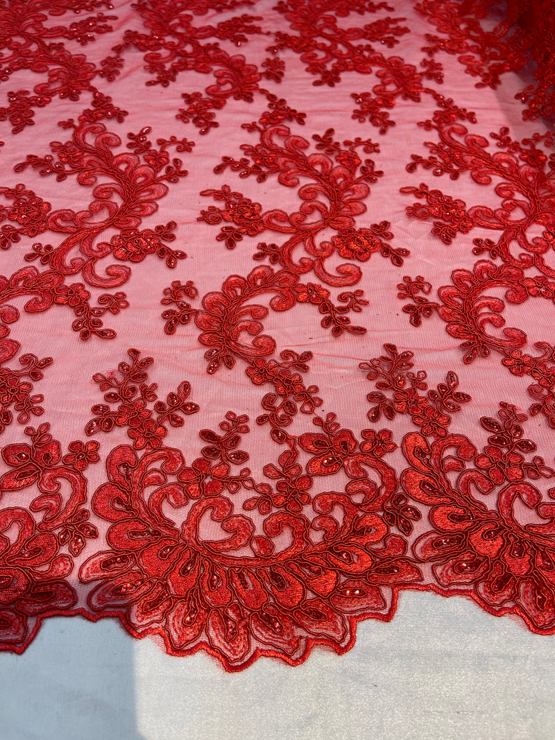 Lace Sequins Fabric - Red - Corded Flower Embroidery Design Mesh Fabri