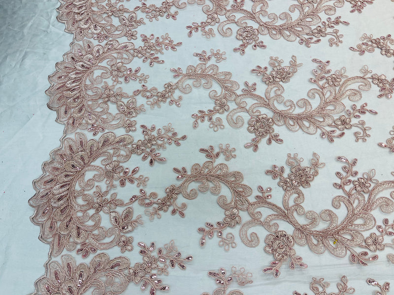 Lace Sequins Fabric - Blush - Corded Flower Embroidery Design Mesh Fab