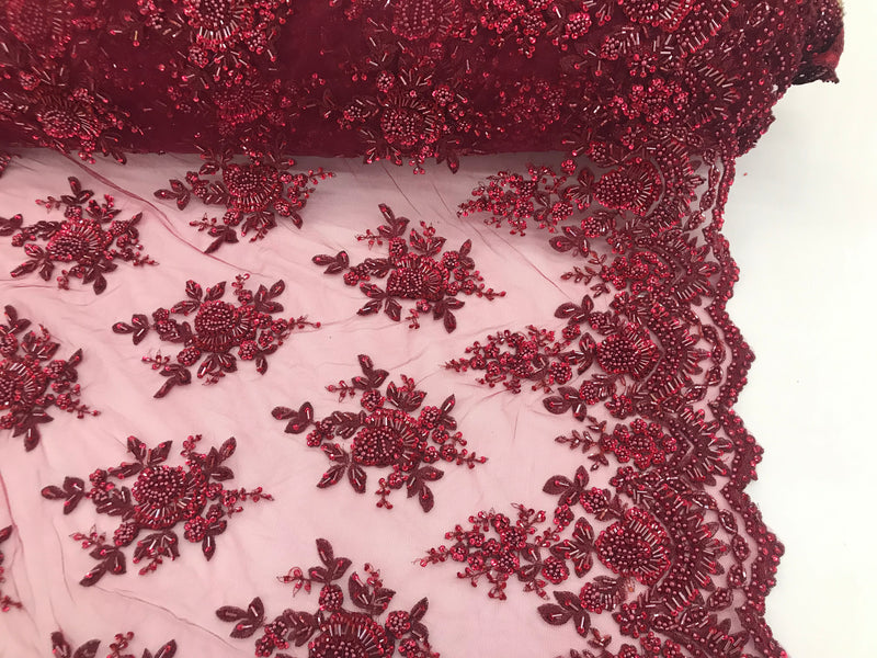 Burgundy Hand Beaded Embroidered Floral Fabric Lace Bridal Wedding Des