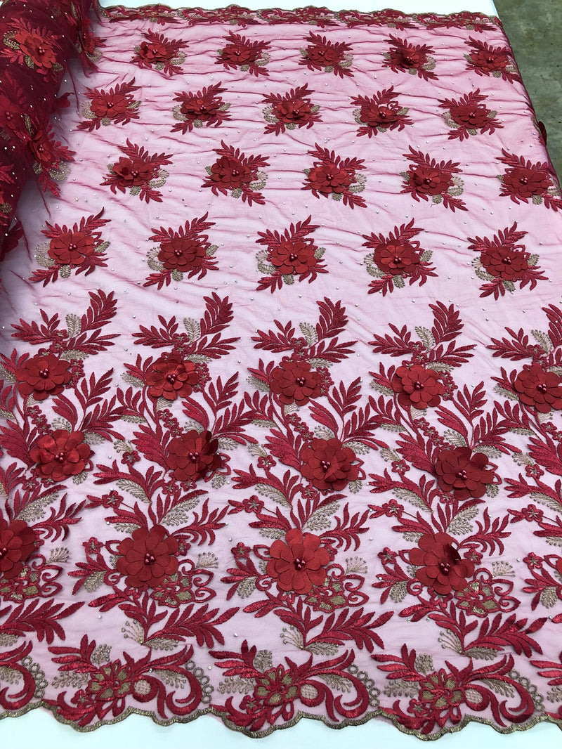 3D Embroided Flower Pattern Fabric with Two Tone Leaf Color Burgundy E ...