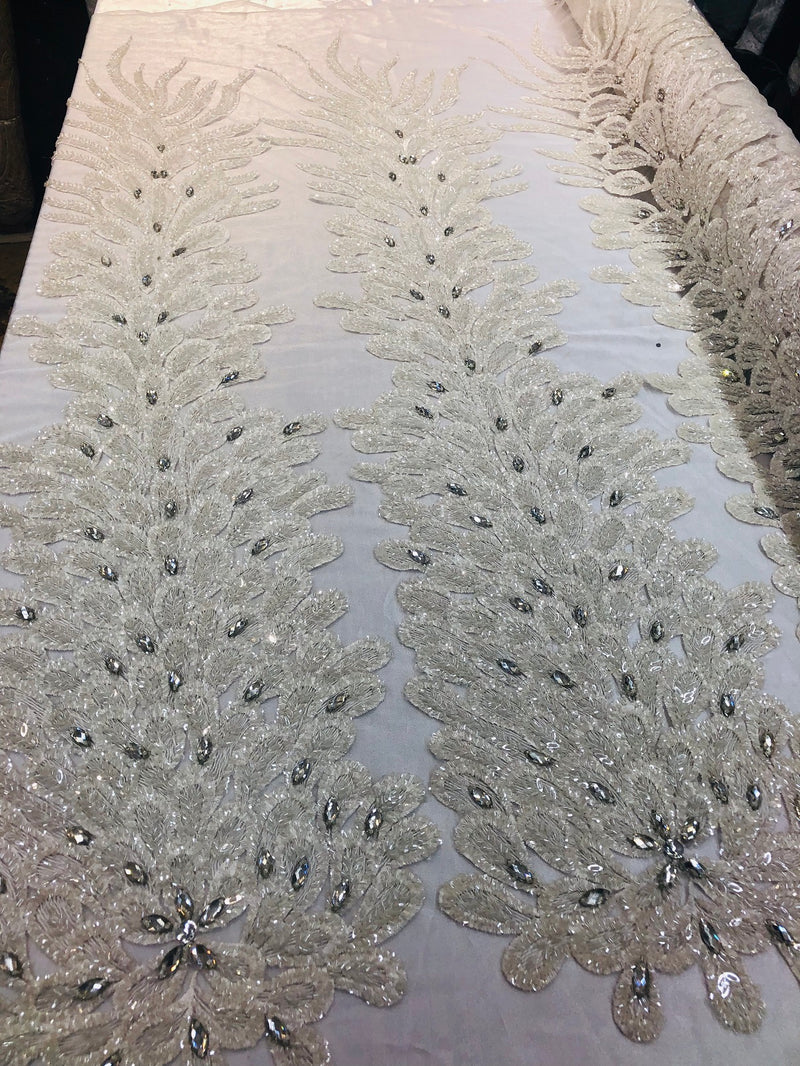 Peacock Feathers White Beaded Peacock Feathers Embroider On A Mesh Dre Metatron Fabrics