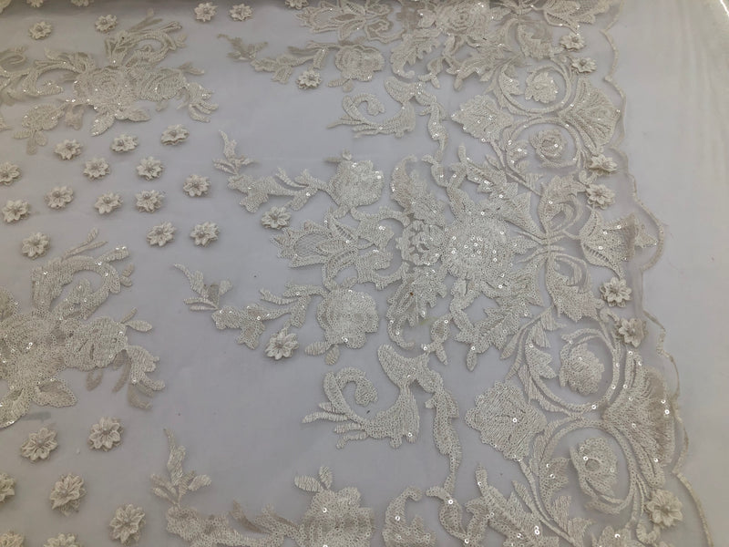 Ivory - Mini 3D Flower Embroidered Mesh Sequins And Beaded Fabric Sold