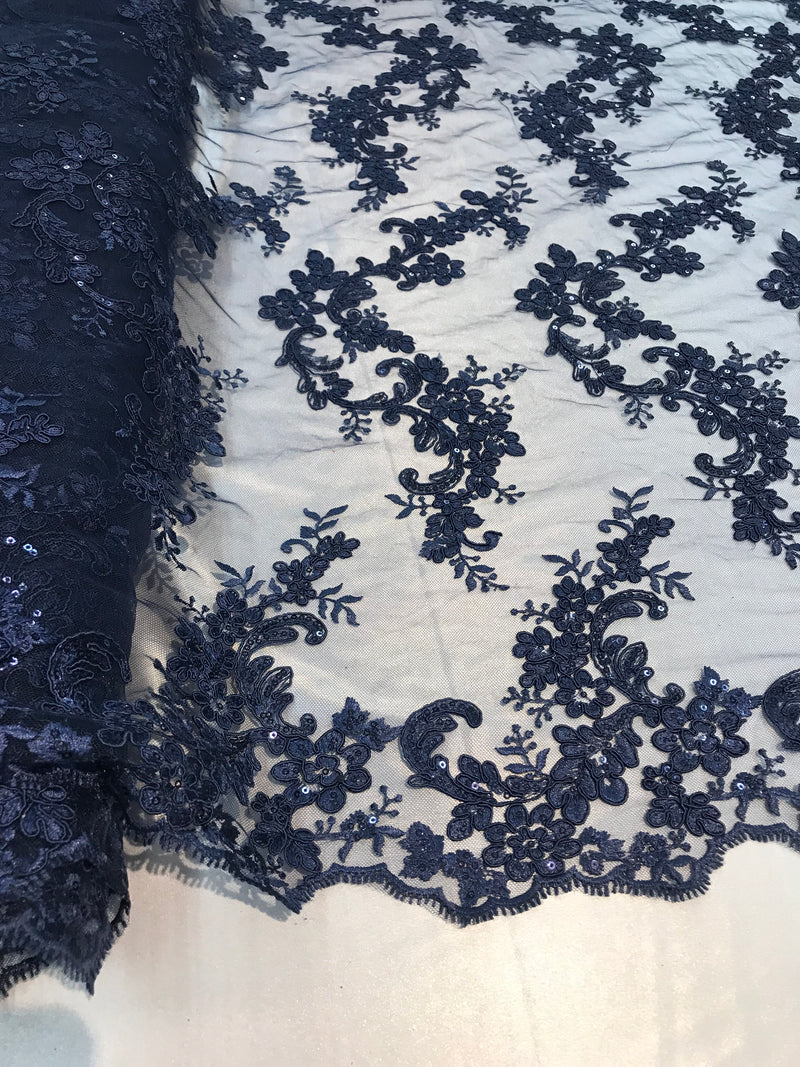 Floral Lace Fabric - Navy - Flowers Embroidery Sequins Mesh Design Fab