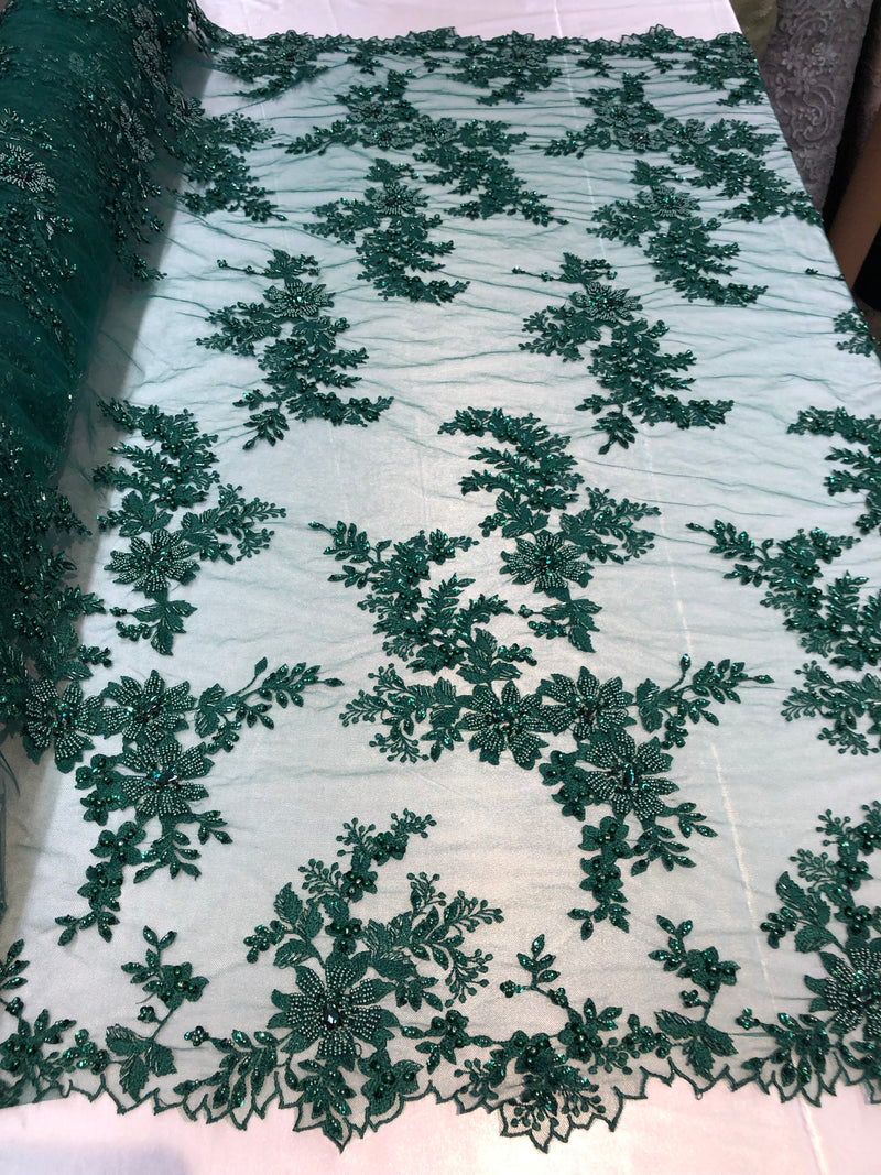 green beaded lace fabric