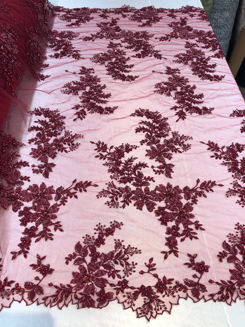 burgundy beaded lace fabric