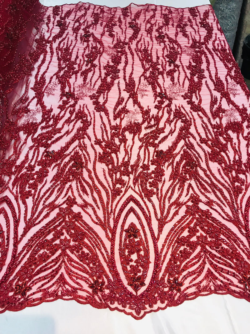 burgundy beaded lace fabric