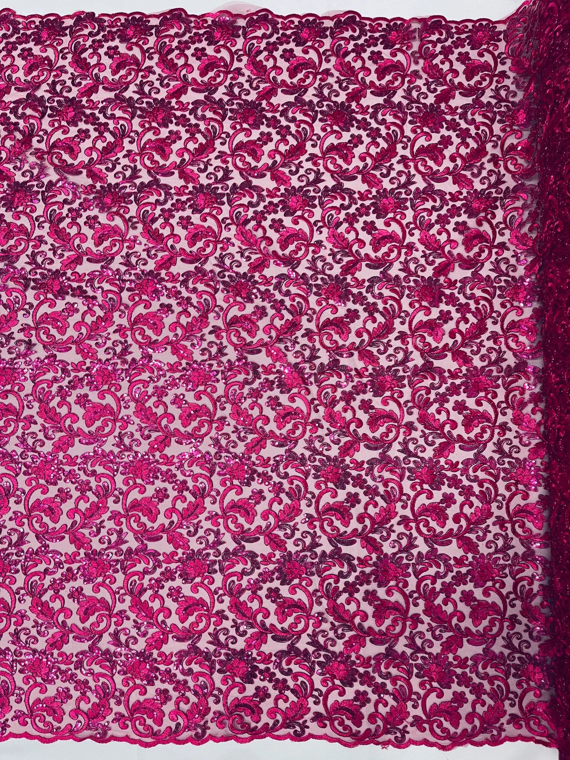 Metallic Floral Lace Fabric - Fuchsia - Embroidered Sequins Floral Des