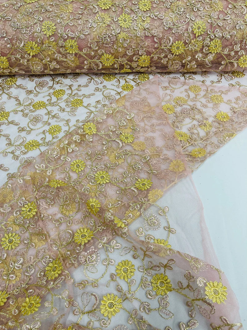 Floral Lace Fabric - Metallic Gold Flowers With Rose Leaves Embroidere