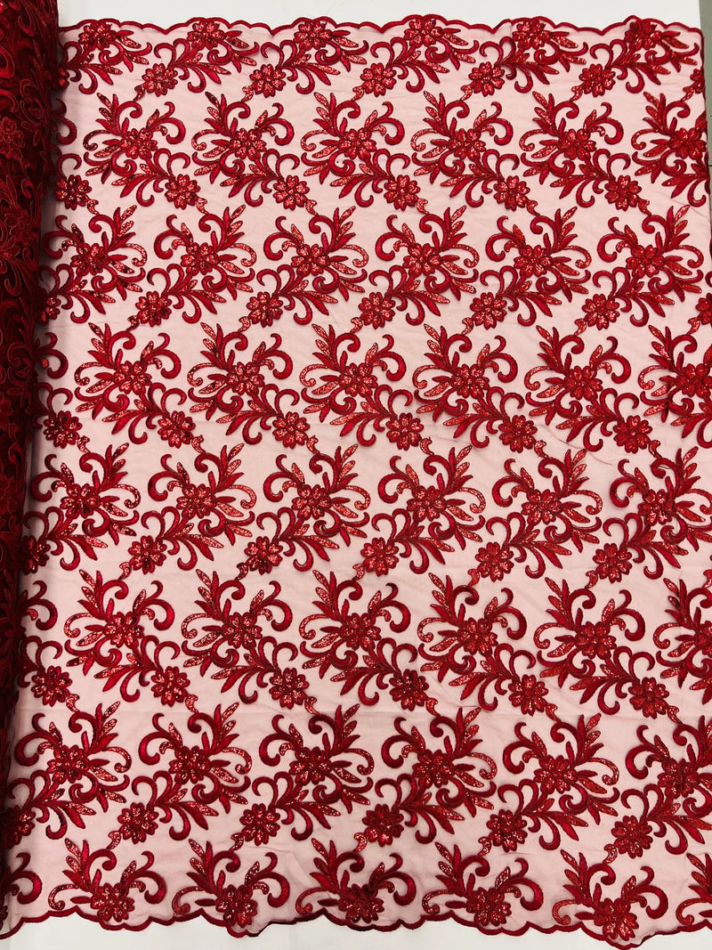 Small Flower Fabric - Burgundy - Floral Plant Embroidered Design on Lace Mesh By Yard