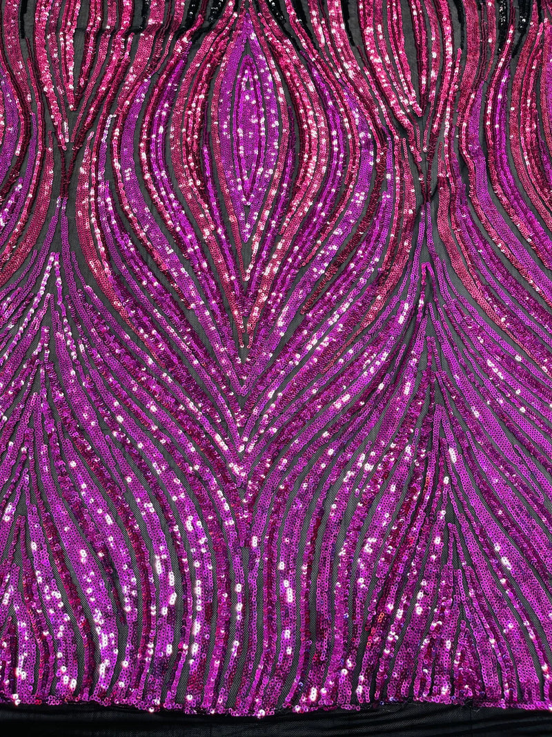 Multi-Color Fabric - Magenta/Black - Feather Shape Sequins Fabric Sold By Yard