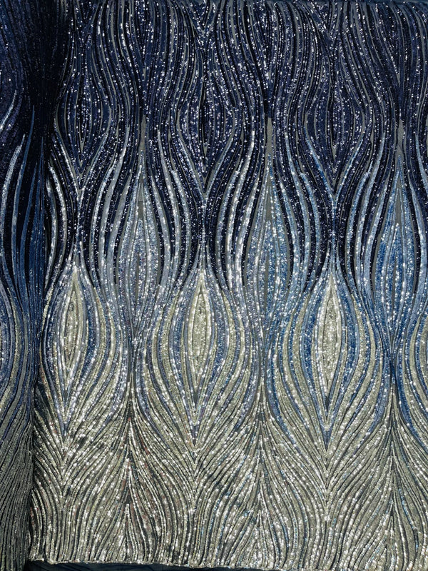 Multi-Color Fabric - Navy/Yellow/Gold - Feather Shape Sequins Fabric S