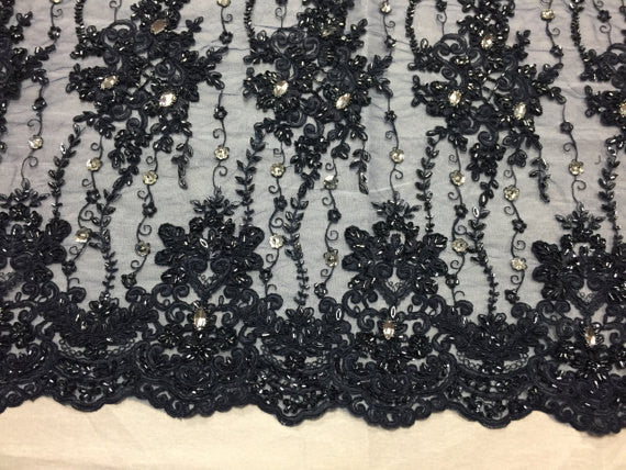 Beaded Lace Fabric - Navy - Fancy Embroidery on Mesh For Bridal Weddin