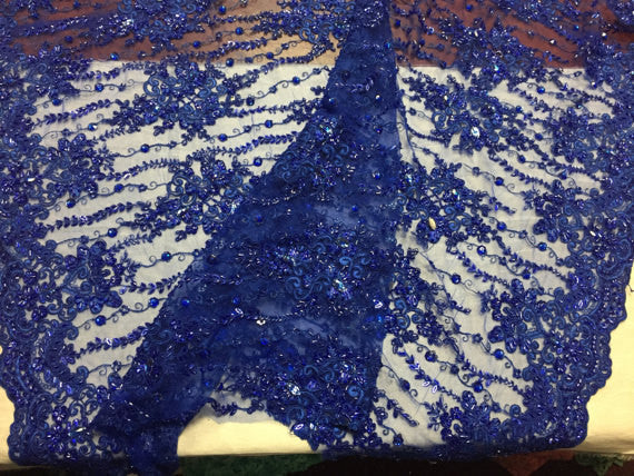 blue embroidered lace fabric