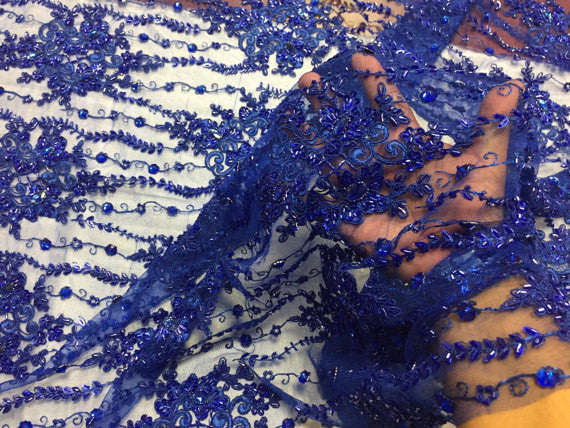 Beaded Lace Fabric - Royal Blue - Fancy Embroidery on Mesh For Bridal ...