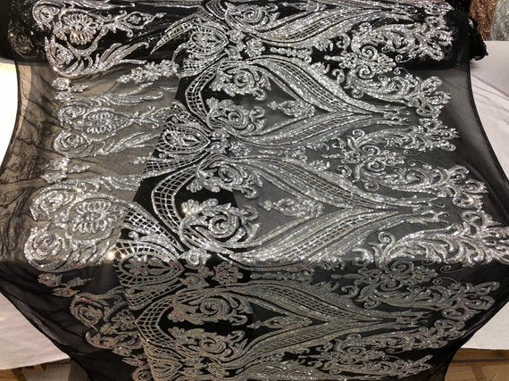 Big Damask Sequins Fabric - Silver on Black - 4 Way Stretch Damask Seq