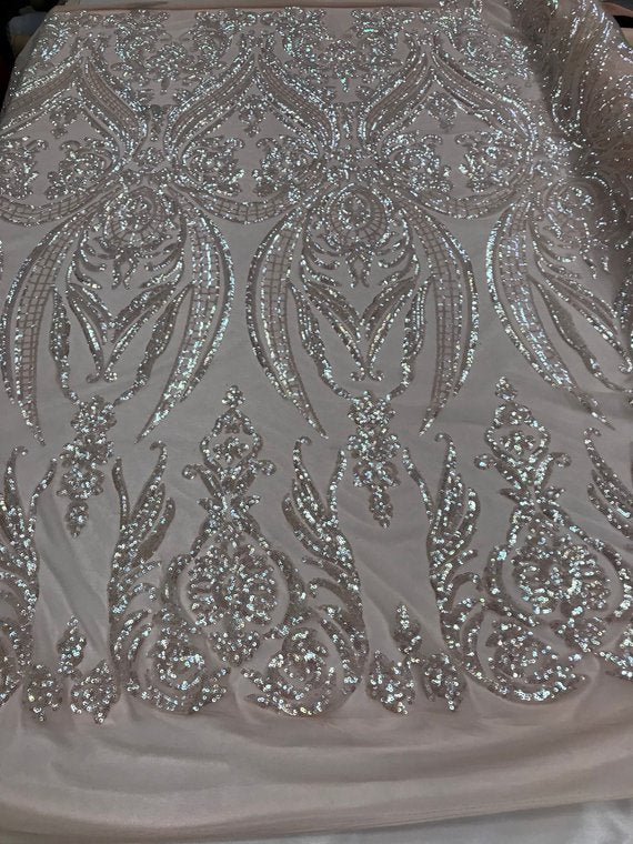 Big Damask Sequins Fabric - Iridescent Pink - 4 Way Stretch Damask Seq
