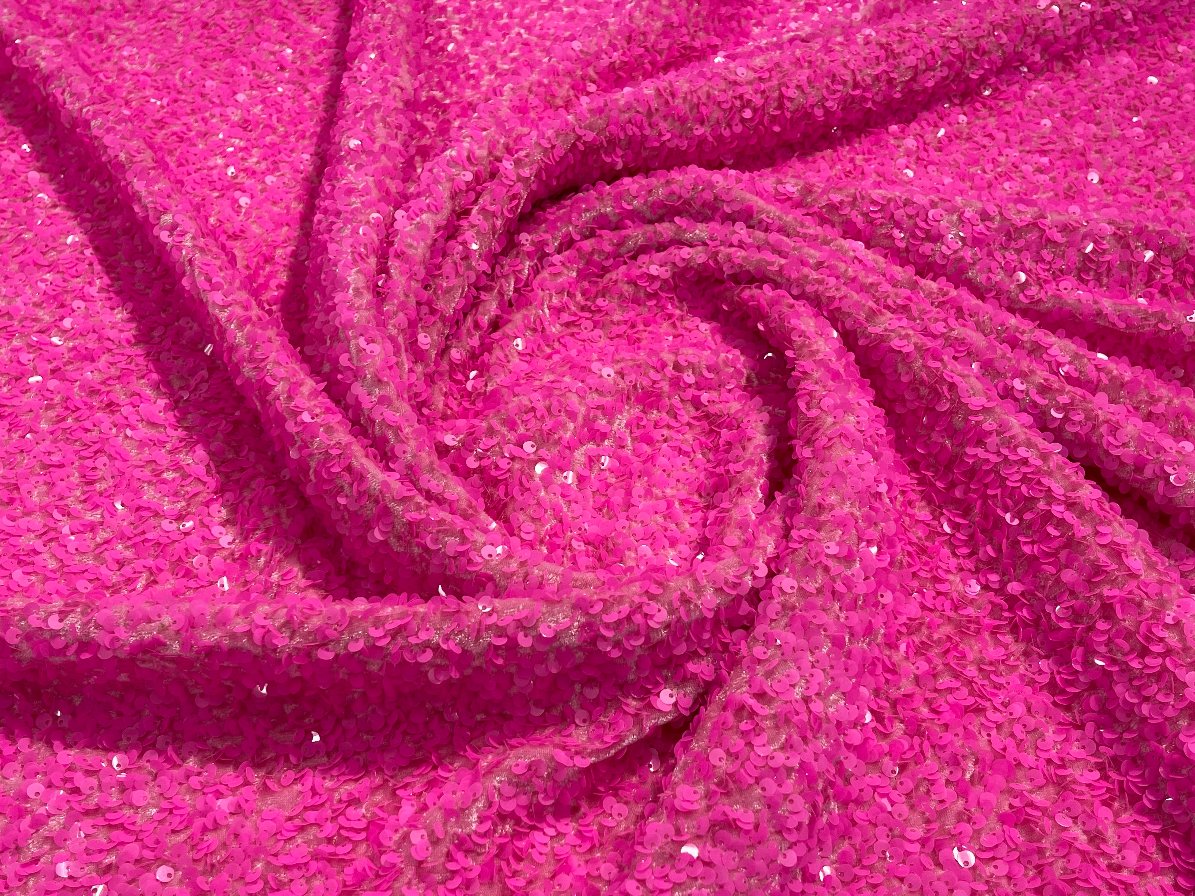 Hot Pink Sequin Fabric on Stretch Velvet - by the yard - Sequins 2 Way