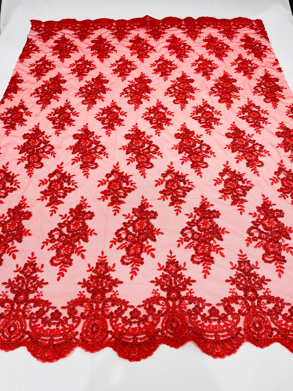 Embroidered Floral Lace Trim – Red Green