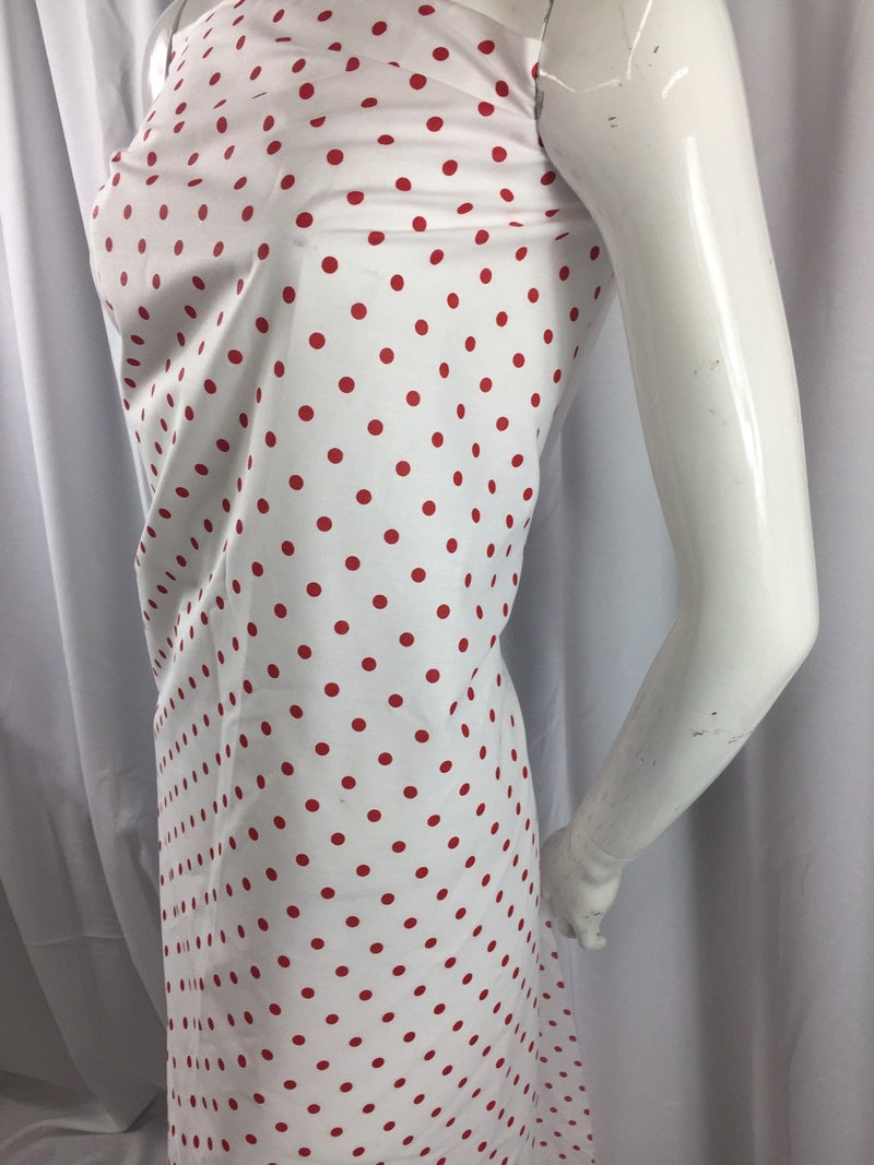 Poly Cotton Print Upholstery & Floral Fabric -White and Red Polka Dot