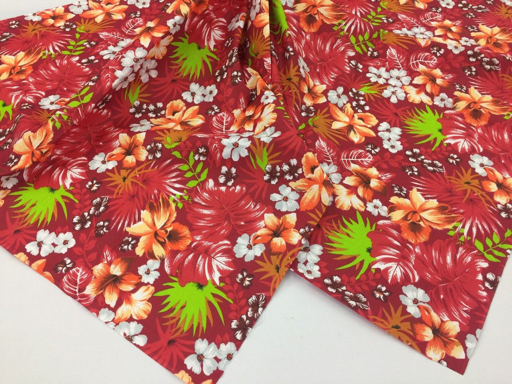 Poly Cotton Print Upholstery & Floral Fabric - Red Hawaiian Print - So ...
