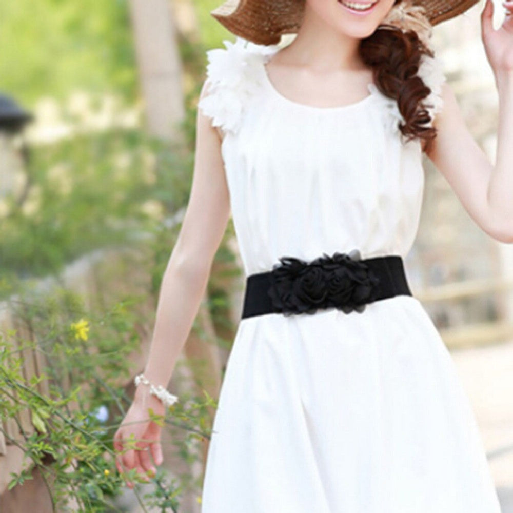 Fashion Women Girl Chiffon Flower Double Rose Flower Elastic Stretch Waist Belt TIML66