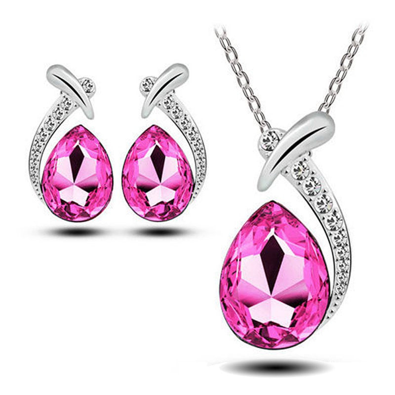 Women Crystal Pendant Chain Necklace Stud Silver Plated Earrings Jewelry Set