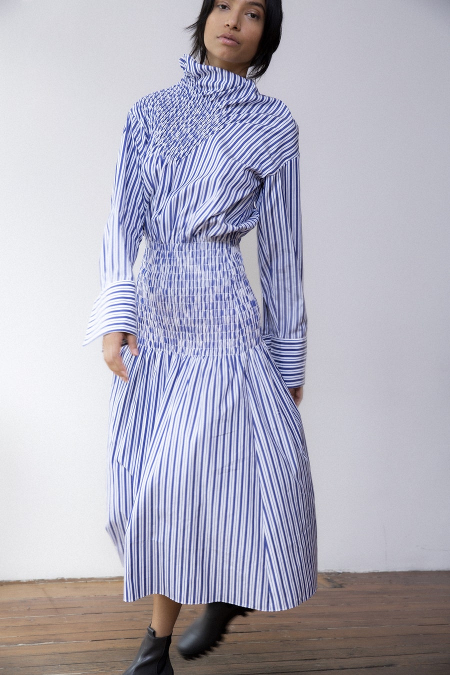 Smocked Long Sleeve Dress - Blue Stripe