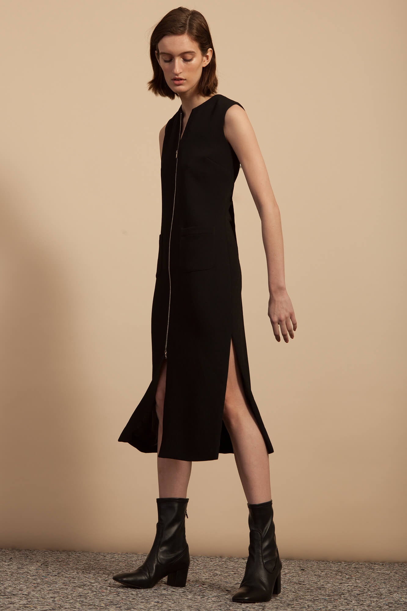 Zip Front Dress - Black Matte Crepe