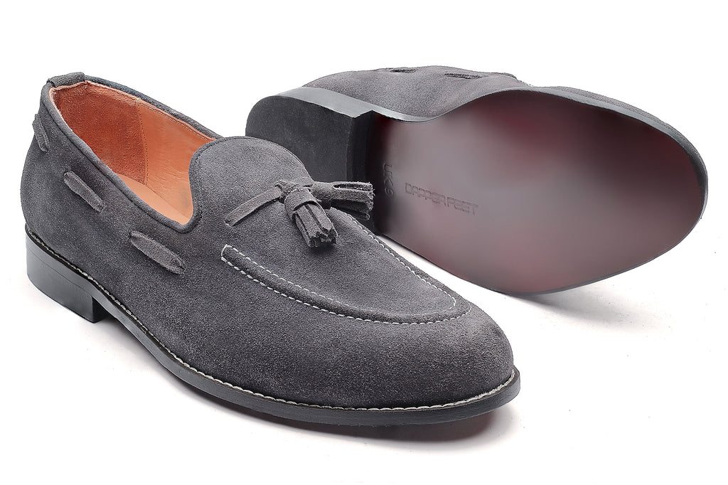 grey suede tassel loafers