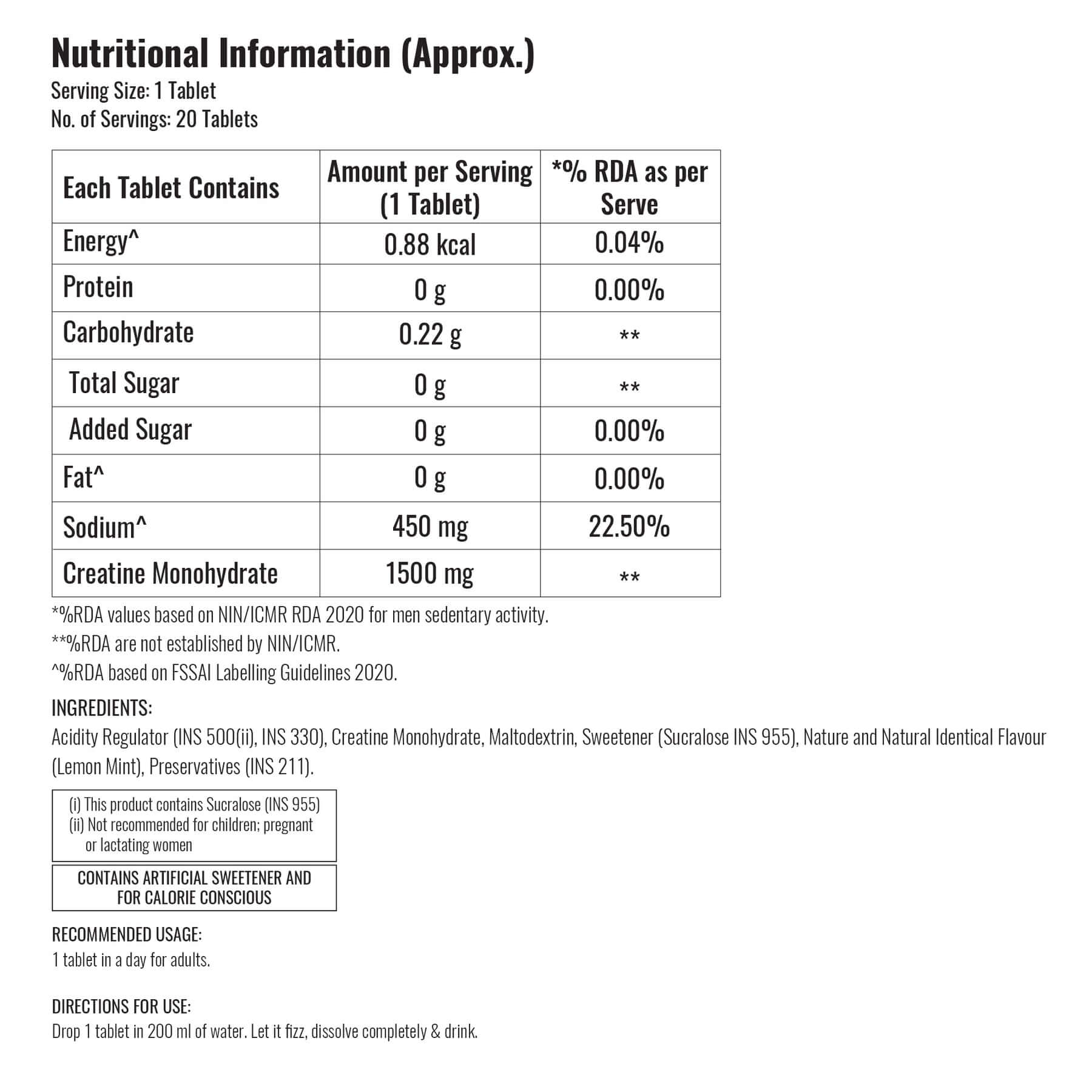 SteadCreatine Nutritional Information