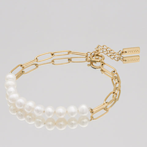 paperclip chain and pearl gold womens bracelet