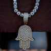 Diamond Hamsa Hand Iced Out w/ Tennis Chain in Yellow Gold - The Jewelry Plug