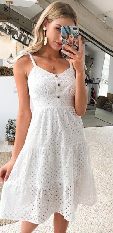 Casual White Hollow Out Embroidery Midi Dress