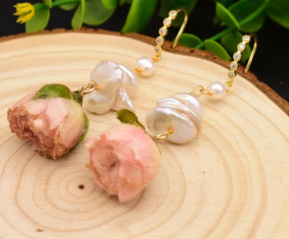 Natural Fresh Water Baroque Pearl Flower Earrings