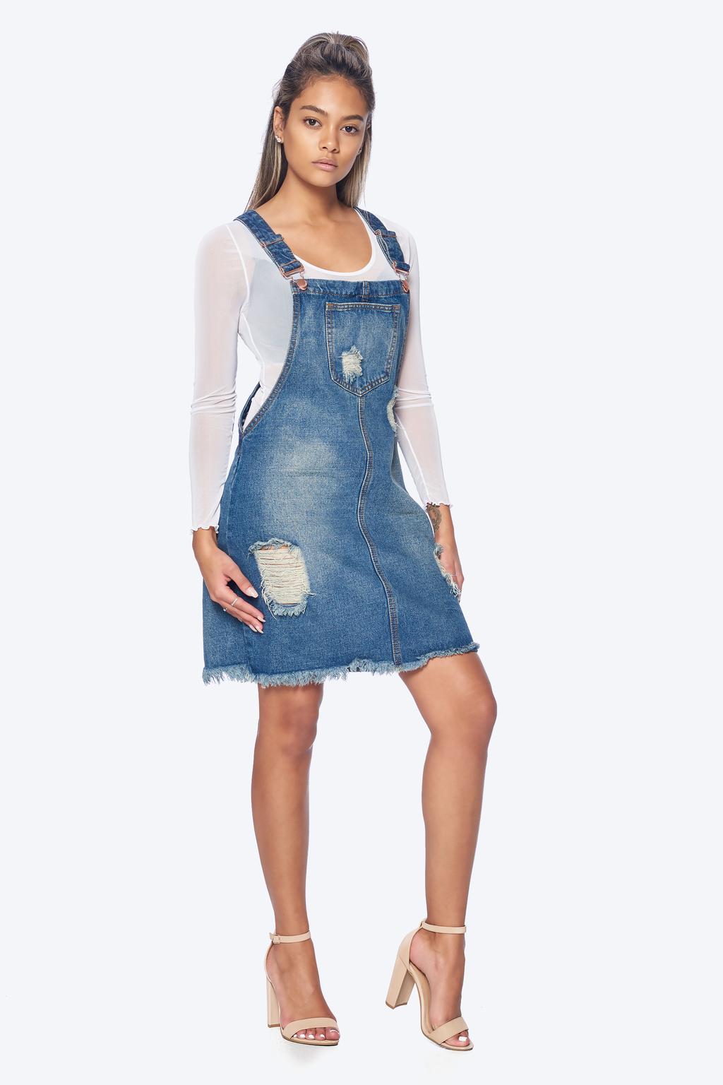 distressed overall dress