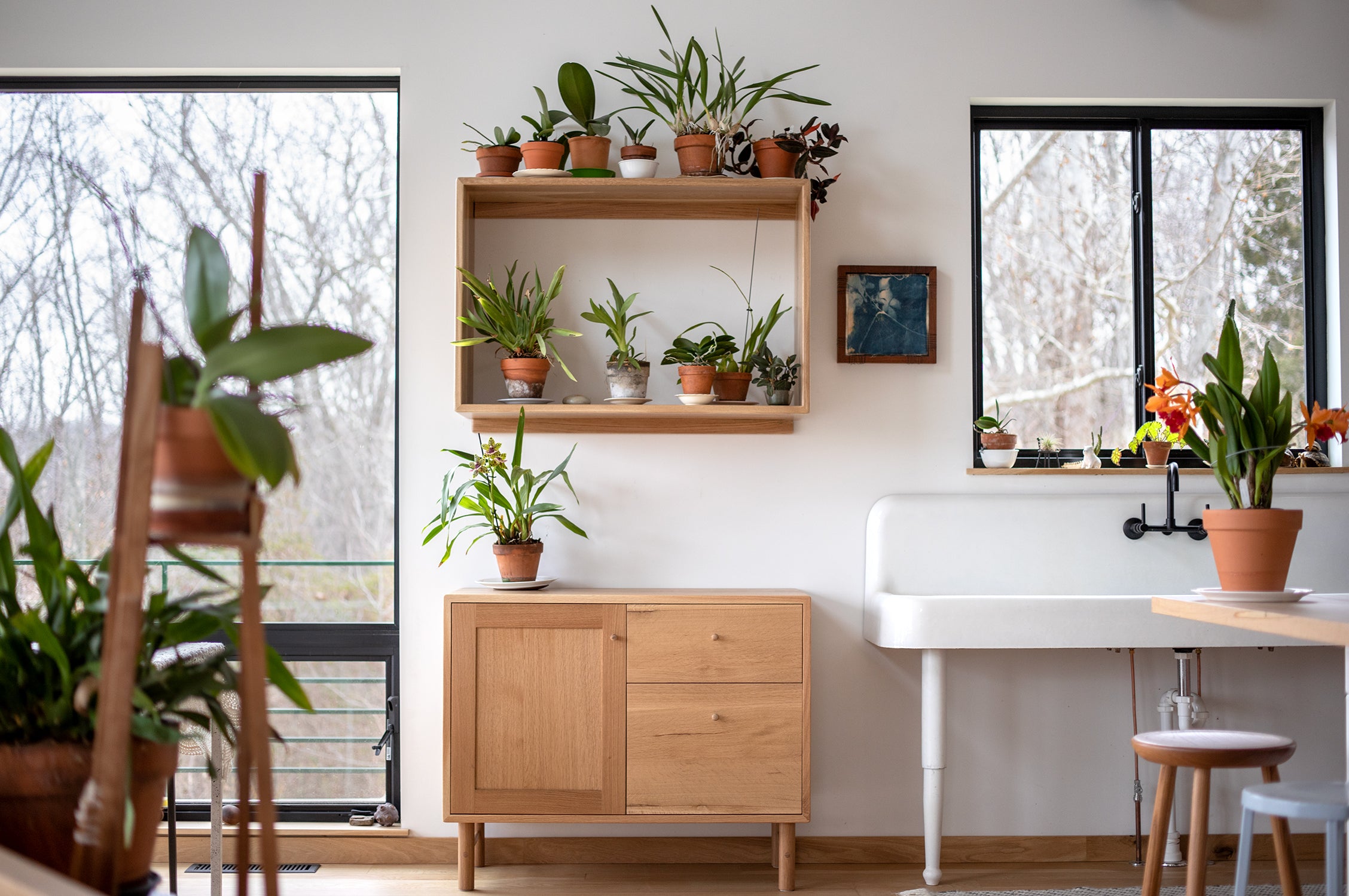 Sideboard in white oak sits among orchids in a bright kitchen