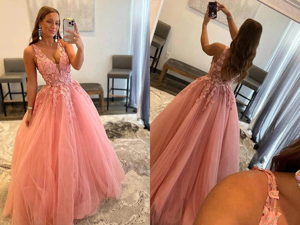 Pink prom dress | lace prom dress | tulle a line prom dress | simidress.com